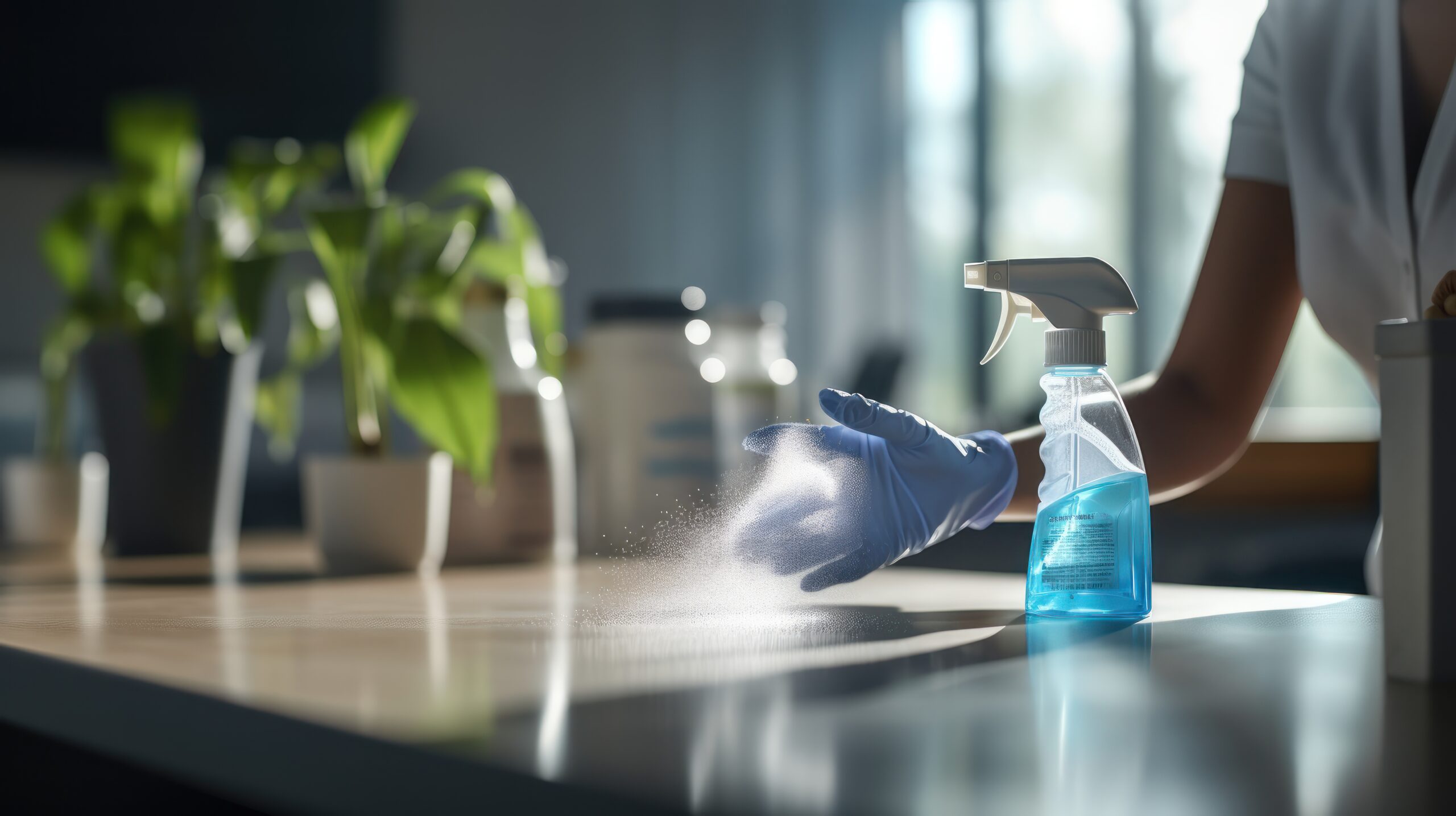 Professional cleaning staff sanitizing an office desk with sprays and wipes.